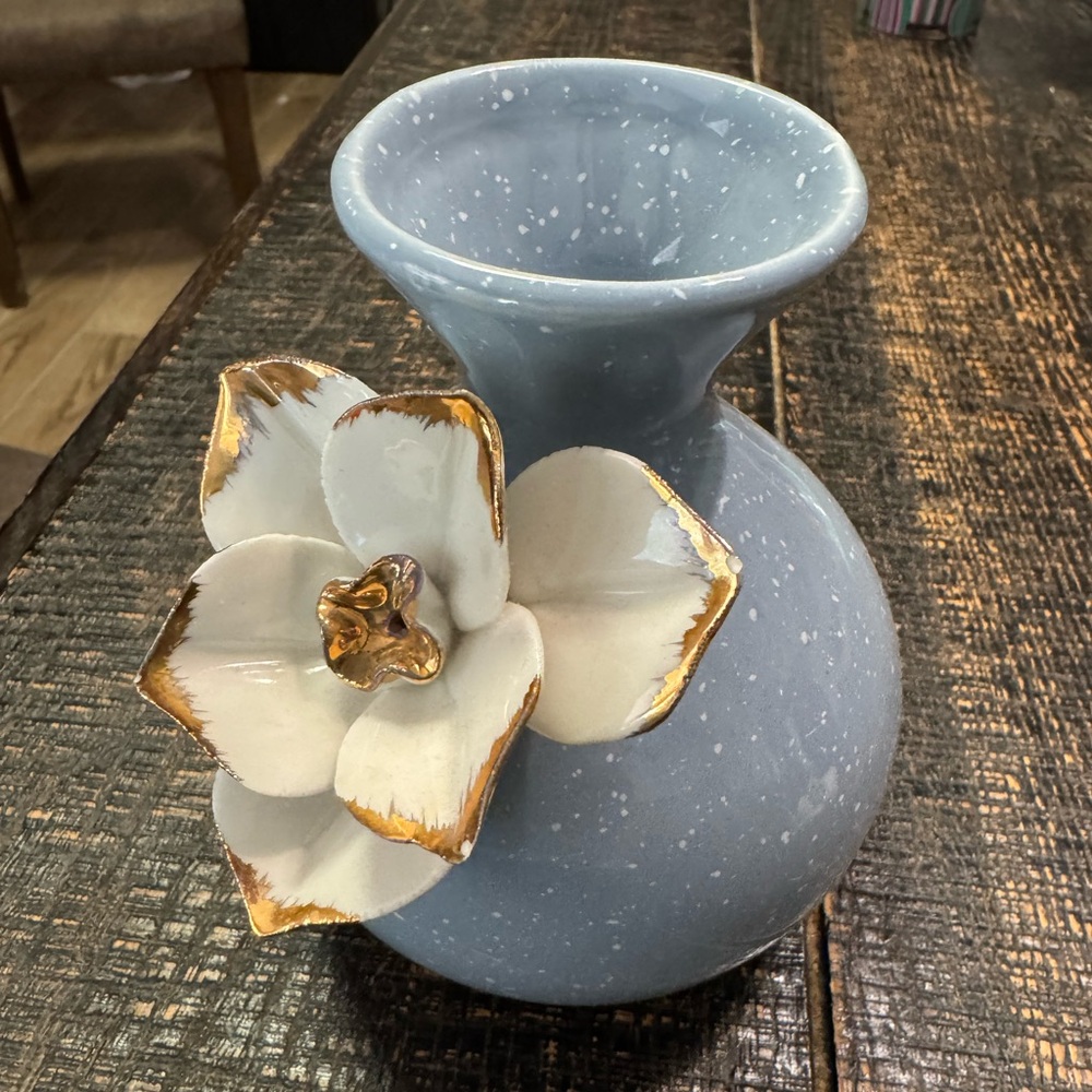 Anthropologie Blue Vase with Gold-Edged White Flower, 5”